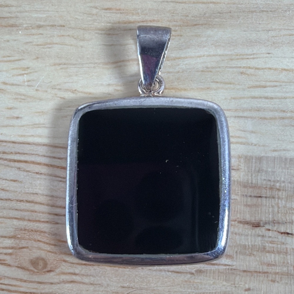 925 Sterling Silver Black Onyx Color Pendant Square Diamond Vintage Marked 6g